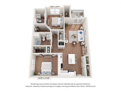 Floor plan for 2 beds, 2 baths, 1124 sqft